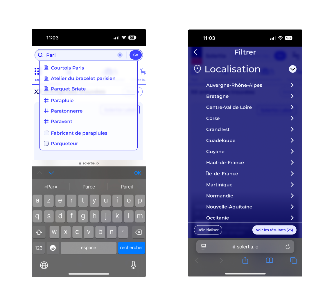 Page recherche mobile de Solertia.digital